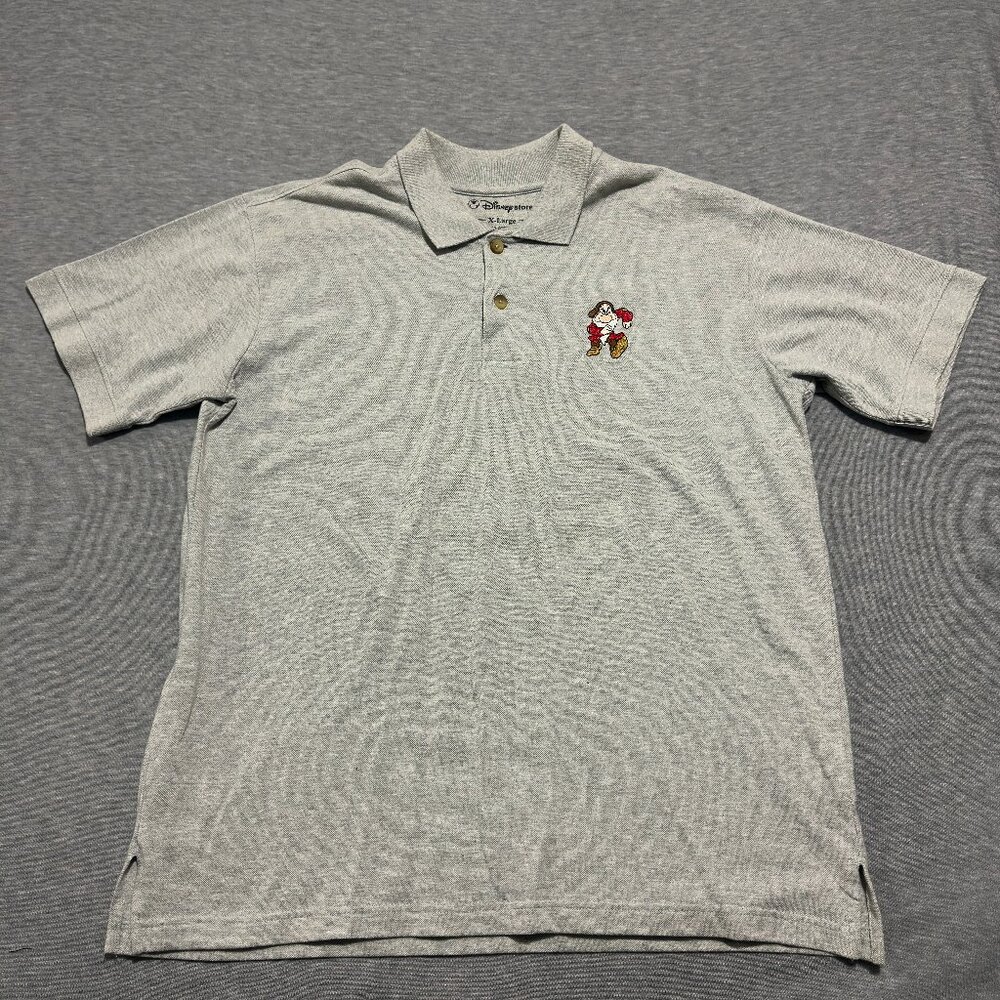 Disney Store Mens Polo XL Gray 7 Dwarfs Grumpy Embroidered Short Sleeve Vintage